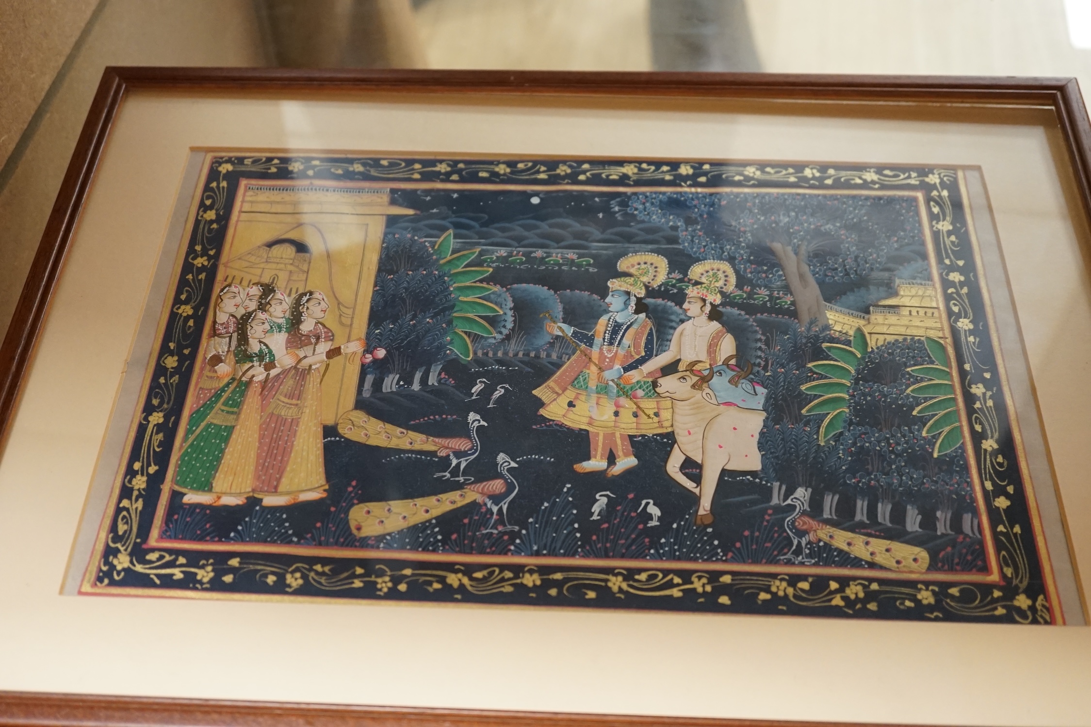An Indo Persian gouache on fabric, figures and attendants, together with two similar colour prints, largest 22 x 34cm. Condition - fair
